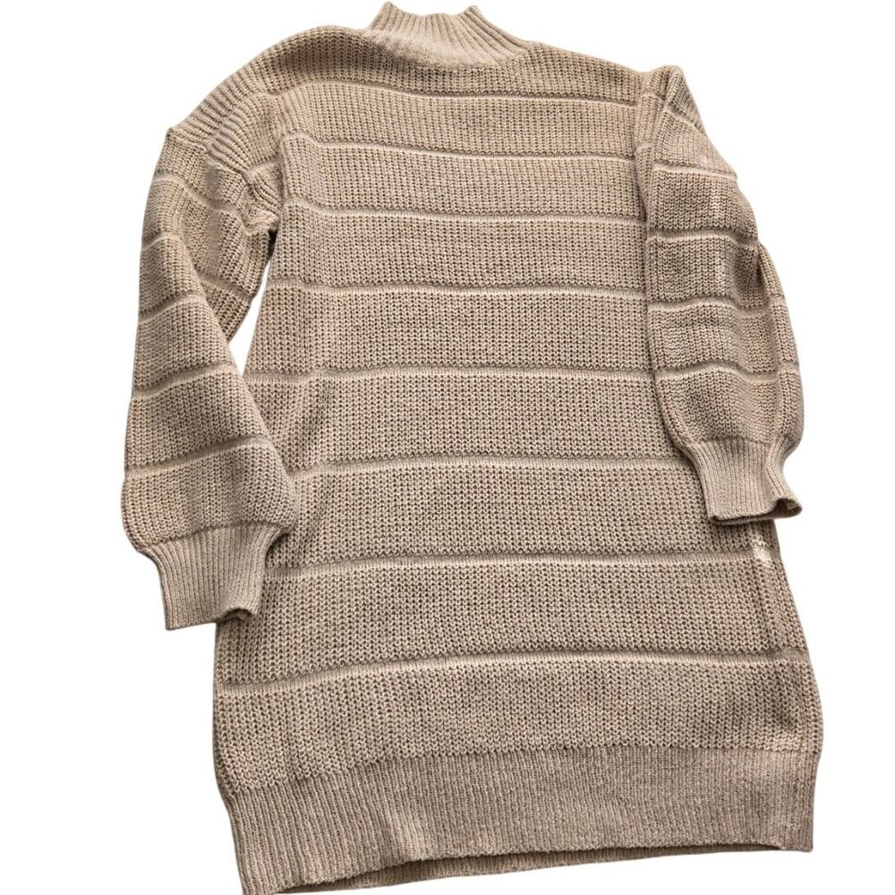 Ribbed Knit High Neck Sweater Dress Drop Shoulder Mini Cozy Minimalist Chic M - Picture 8 of 10